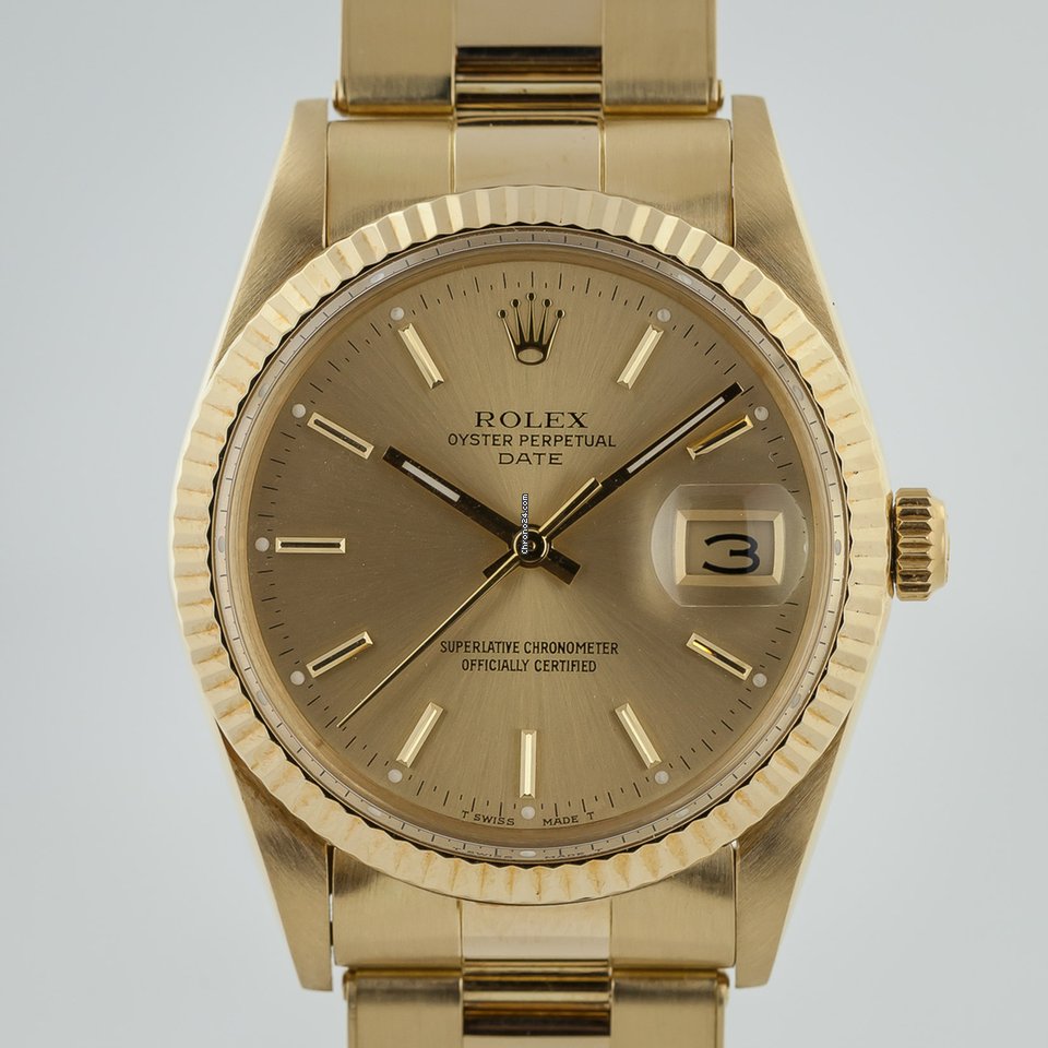 Buy Replica Rolex Date 34, Ref 15037, Men’s, 14K Yellow Gold, Champagne Dial, Complete Set, 1987
