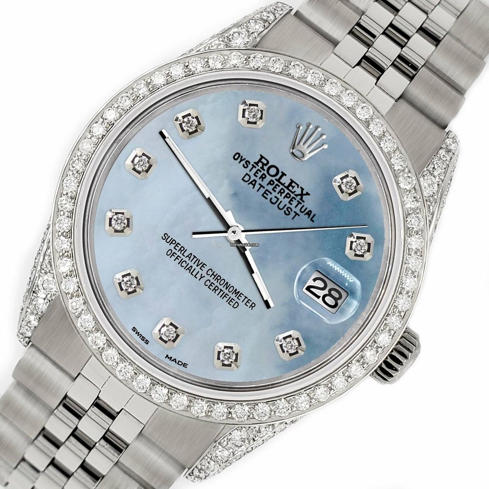 Buy Replica Rolex Datejust 36mm Steel Watch 2.85ct Diamond Bezel Pave Case Sky Blue MOP Dial