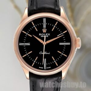 Rolex Cellini Men's m50505-0009 39mm Leather Strap Black Dial